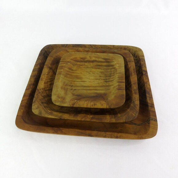 Set of 3 Wooden Dishes Square Hand Carved Wood Plates Tray Serving - Picture 2 of 10